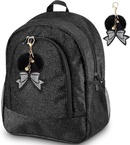 Large Cheer Backpack with Cheer Bow Keychain Cheerleading Glitter Backpack Cheer Bags for Cheerleaders Gift Cheer bag for Travel Camping Hiking Sport Game, Black in Saudi Arabia