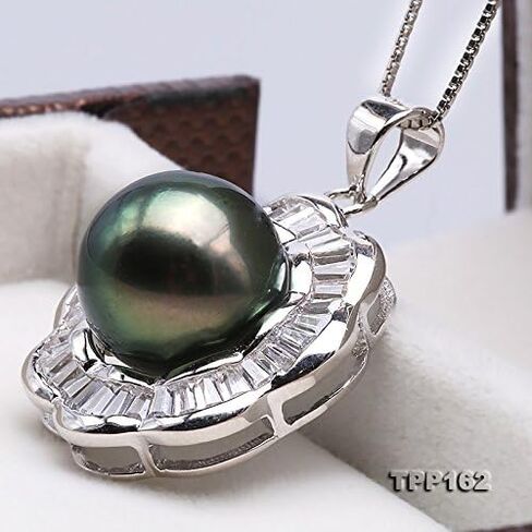 قلادة JYX من اللؤلؤ مقاس 11.5 ملم قلادة من لؤلؤ تاهيتي باللون الأخضر الطاووس من الفضة الإسترليني عيار 925 in Kuwait