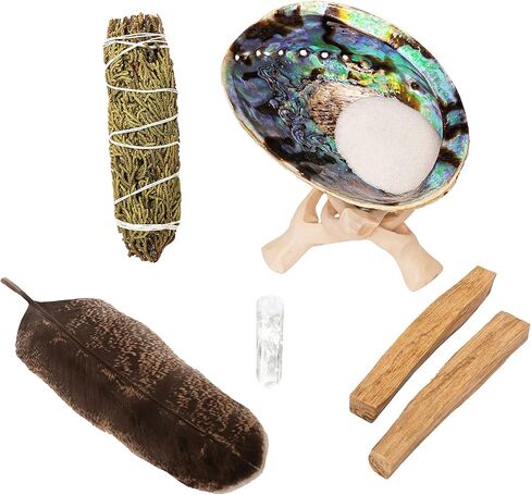 Spiritual Items - Juniper Smudge Stick ~ Abalone Shell for Smudging ~ Palo Santo Sticks ~ 2 inchTripod Stand ~ 8 inch Feather and White Sand in Saudi Arabia