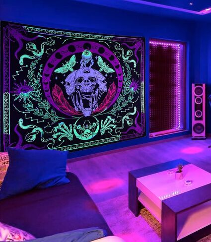 vaoruteng Skull Blacklight Tapestry, UV Reactive Skeleton Wall Tapestries, Glow In The Dark Party Backdrop, Black Light Trippy Psychedelic Space Neon Cool Posters For Bedroom Décor in Saudi Arabia