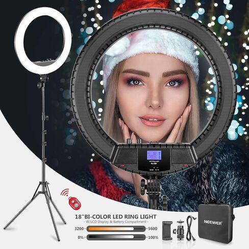 Neewer حلقة إضاءة LED ثنائية اللون مقاس 18 بوصة مع شاشة LCD وحامل بطارية، بحد أقصى. حامل وحقيبة حمل مقاس 61.8 بوصة متضمنة لتصوير مقاطع فيديو على YouTube لصور سيلفي للمكياج المباشر (البطارية غير متضمنة) in Kuwait