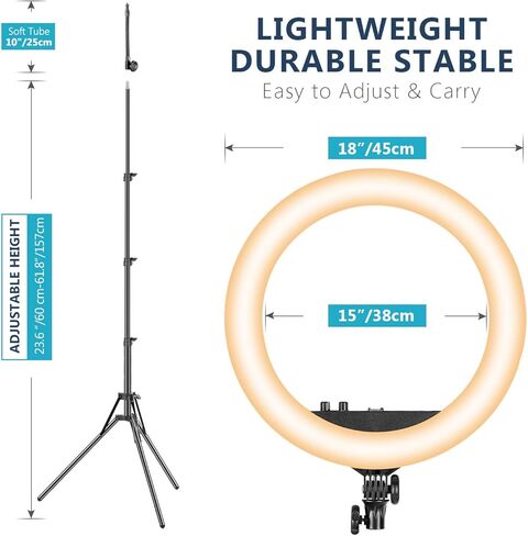 Neewer حلقة إضاءة LED ثنائية اللون مقاس 18 بوصة مع شاشة LCD وحامل بطارية، بحد أقصى. حامل وحقيبة حمل مقاس 61.8 بوصة متضمنة لتصوير مقاطع فيديو على YouTube لصور سيلفي للمكياج المباشر (البطارية غير متضمنة) in Kuwait