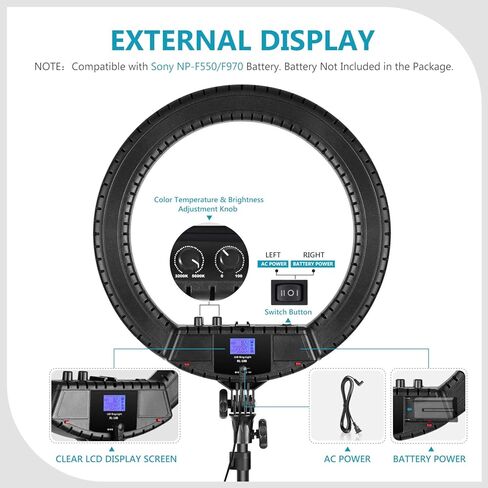 Neewer حلقة إضاءة LED ثنائية اللون مقاس 18 بوصة مع شاشة LCD وحامل بطارية، بحد أقصى. حامل وحقيبة حمل مقاس 61.8 بوصة متضمنة لتصوير مقاطع فيديو على YouTube لصور سيلفي للمكياج المباشر (البطارية غير متضمنة) in Kuwait