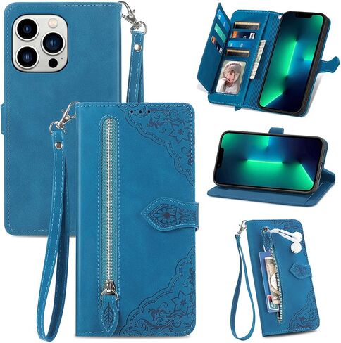 Google Pixel 7 Wallet Case Zipper Pocket with Card Holder Slot Magnetic Closure Lanyard Flip Cover for Pixel 7 - Blue in Saudi Arabia