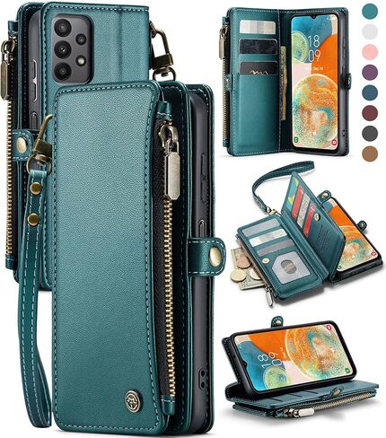 حافظة حماية لهاتف سامسونج جالاكسي A23 5G/4G، 【حجب RFID】 حافظة لهاتف سامسونج A23 5G للنساء والرجال، حافظة هاتف بحزام قلاب مغناطيسي بسحاب وحامل بطاقات لهاتف جالاكسي A23 5G، أزرق وأخضر in Kuwait