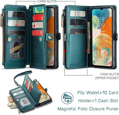 حافظة حماية لهاتف سامسونج جالاكسي A23 5G/4G، 【حجب RFID】 حافظة لهاتف سامسونج A23 5G للنساء والرجال، حافظة هاتف بحزام قلاب مغناطيسي بسحاب وحامل بطاقات لهاتف جالاكسي A23 5G، أزرق وأخضر in Kuwait
