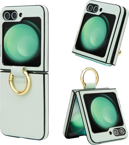 for Samsung Galaxy Z Flip 5 Case, PU+ABS Ultra-Thin Anti-Scratches Shockproof Phone Case for Z Flip 5, Support Wireless Charging, Protective Phone Case with Ring for Women&Men, Green in Saudi Arabia