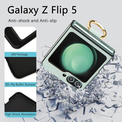 for Samsung Galaxy Z Flip 5 Case, PU+ABS Ultra-Thin Anti-Scratches Shockproof Phone Case for Z Flip 5, Support Wireless Charging, Protective Phone Case with Ring for Women&Men, Green in Saudi Arabia