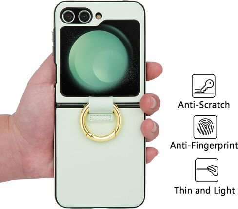 for Samsung Galaxy Z Flip 5 Case, PU+ABS Ultra-Thin Anti-Scratches Shockproof Phone Case for Z Flip 5, Support Wireless Charging, Protective Phone Case with Ring for Women&Men, Green in Saudi Arabia