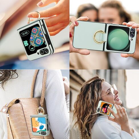 for Samsung Galaxy Z Flip 5 Case, PU+ABS Ultra-Thin Anti-Scratches Shockproof Phone Case for Z Flip 5, Support Wireless Charging, Protective Phone Case with Ring for Women&Men, Green in Saudi Arabia