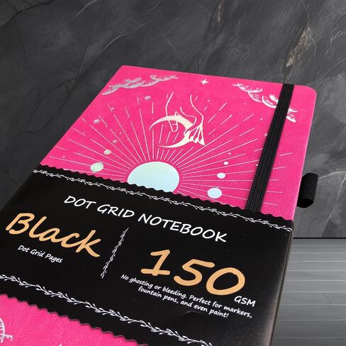 BUKE Dotted Journal - ورق أسود 150 جرامًا للمتر المربع - تخطيط DOT GRID 5 * 5 مم 160 صفحة - دفتر رسم بغلاف مقوى من جلد البولي يوريثان مقاس A5 (أحمر وردي) in Kuwait