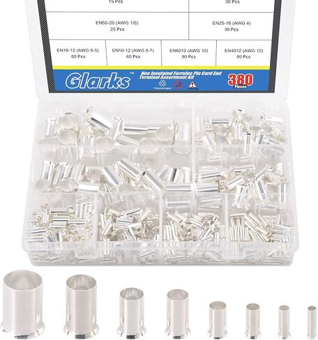 Glarks 380Pcs 8 Sizes AWG 12 10 8 6 4 2 1 2/0 Wire Ferrules Kit Silver Plated Copper Crimp Connector Non Insulated Ferrules Pin Cord End Terminals Assortment Kit in Saudi Arabia