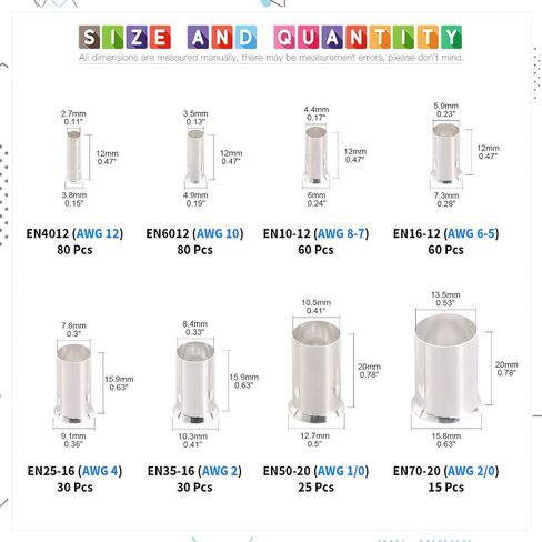 Glarks 380Pcs 8 Sizes AWG 12 10 8 6 4 2 1 2/0 Wire Ferrules Kit Silver Plated Copper Crimp Connector Non Insulated Ferrules Pin Cord End Terminals Assortment Kit in Saudi Arabia