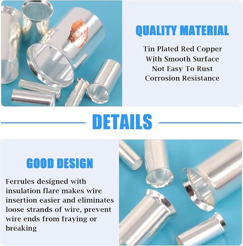 Glarks 380Pcs 8 Sizes AWG 12 10 8 6 4 2 1 2/0 Wire Ferrules Kit Silver Plated Copper Crimp Connector Non Insulated Ferrules Pin Cord End Terminals Assortment Kit in Saudi Arabia