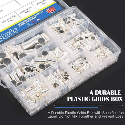 Glarks 380Pcs 8 Sizes AWG 12 10 8 6 4 2 1 2/0 Wire Ferrules Kit Silver Plated Copper Crimp Connector Non Insulated Ferrules Pin Cord End Terminals Assortment Kit in Saudi Arabia