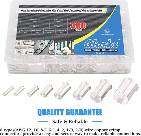 Glarks 380Pcs 8 Sizes AWG 12 10 8 6 4 2 1 2/0 Wire Ferrules Kit Silver Plated Copper Crimp Connector Non Insulated Ferrules Pin Cord End Terminals Assortment Kit in Saudi Arabia