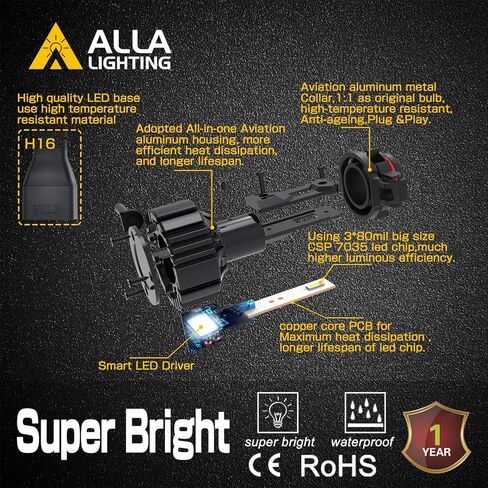 مصابيح Alla Lighting C-HR Vision 12276 2504 PSX24W LED لمصابيح الضباب Xtreme Super Bright 6000 Lumens CSP-SMD ترقية، 6000K زينون أبيض in Kuwait