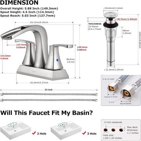 PARLOS Waterfall Spout 2 Handles Bathroom Faucet with Metal Pop-up Drain and Faucet Supply Lines, Oil Rubbed Bronze, Doris 14069 in Saudi Arabia