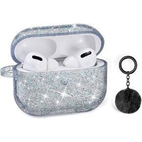 Airpods Pro Case, DMMG Airpods Case Cover Silicone Skin, AirPods Protective Cute Bling Glitter Case with Fluff Ball Keychain, Scratch Proof and Drop Proof for Apple Airpods Pro(Black)