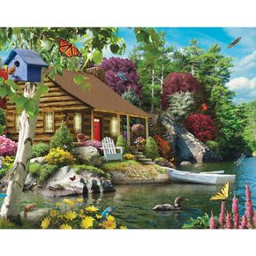 Bits and Pieces – 100 Piece Jigsaw Puzzle for Adults – Cabin on The Lake - Large Lettered Pieces Colorful Scenic Jigsaw Puzzle, Completed Puzzle Size: 15" x 19"