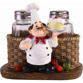 Salt and Pepper Shakers Set,Sitting Chef Decorative Statue Spice Organizer,Glass Spice Jars with Holder Figurine Gift for Family,Kitchen,Restaurant, Cafe,Bakery (Bread)