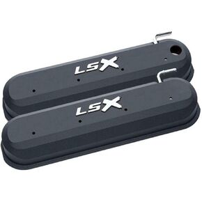 ProForm Pro Form Valve Cover, Slant-Edge, Tall, Baffled, Breather Hole, Raised LSX Logo, Aluminum, Black, GM LS-Series, Pair