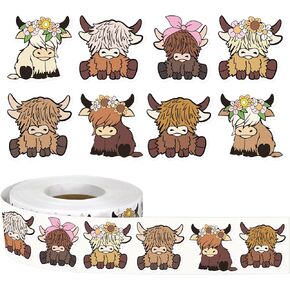 1000Pcs Cute Highland Cow Roll Sticker Cartoon Farm Animal Flower Paper Decals 8 Designs Self-Adhesive Stickers for Envelopes Scrapbook Gifts DIY Supplies, 1.5 in
