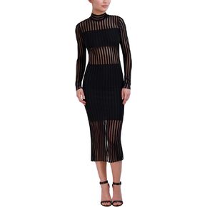 BCBGMAXAZRIA Women's Long Sleeve Mock Neck Sheer Stripe Midi Dress