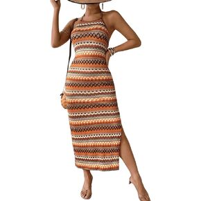 Women's Summer Dress Tropical Boho Print Sleeveless Halter Dress Split Thigh Long Maxi Dress