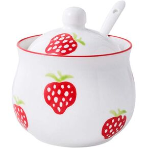 Mathew Hand-painted Strawberry Ceramic Seasoning Jar Condiment Pot Sugar Bowl with Lid and Spoon