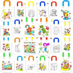 24 Pieces Cute Coloring Goodie Bags Birthday Reusable Party Favor Bags Cartoon Carnival Animals Craft Bags Color Your Own Bag for DIY Painting Birthday Party Gifts or Art Party Favors Supplies