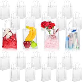 Clear PVC Gift Bags with Handles Reusable Plastic Wrap Tote Transparent Shopping Bags for Christmas Party Favors Weddings Merchandise Retail Small Business, 9 x 6.7 x 2.6 Inches(100 Pieces)