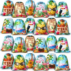 24 Pcs Hawaiian Party Favor Bags for Kids Hawaii Themed Aloha Drawstring Bags Tropical Goodie Bags Flamingo Gift Bag for Birthday, Bridal Shower, Summer, Beach, Pool Backpack, 12 x 10 Inch