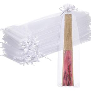 Toyvian 50Pcs 2.36x10.24 Inches Large Drawstring Organza Bags Decoration Folding Hand Fan Festival Wedding Party Favor Gift Candy Toys Pouches (White)