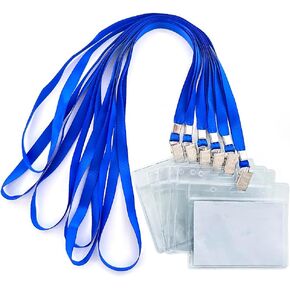 50pcs Clear Badge Holder with Lanyard Waterproof Type Clear ID Badge Holder with Lanyards for Name Tags ID Card (Blue, Horizontal)