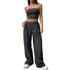 OYOANGLE Women's 2 Piece Strapless Backless Crop Tube Top and Wide Leg Cargo Pants Set Jumpsuit