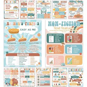 12pcs Reading Comprehension Classroom Posters Groovy Hippie English Language Arts Bulletin Board Chart Reading Corner Poster for Elementary Middle High School Wall Decor Classroom Must Haves