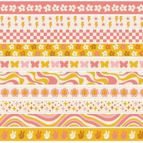 Whaline 80.4Ft Retro Groovy 70s حدود لوحة الإعلانات بوهو زهرة متقلب فراشة البرق لاصق الحدود للمدرسة الفصول الدراسية مكتب الطرف الديكور