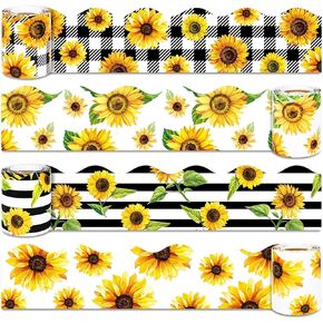 Whaline 131.2Ft Sunflower Bulletin Board Border Summer Stripe Plaid Flower Die Cut Trim Border Roll for Summer Party Supplies Home Office Classroom Decor