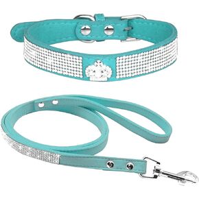 Rhinestone Dog Collar, Cute Dazzling Sparkling Soft Velvet Leather Dog Collar and Leash Set for Small Pet Dog Cat Puppy Collar (L:38-46 cm, Hot Pink)