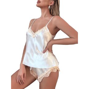 SHENHE Women's 2 Piece Satin Floral Lace Trim V Neck Cami Top and Elastic Waist Shorts Pajama Set