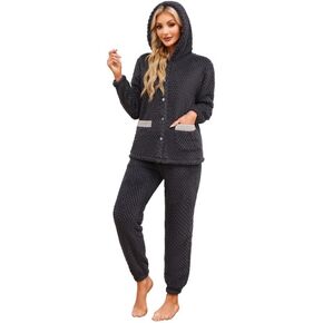 HEARTNICE Women's Cute Hooded Pajama Set, Soft Warm Plush Long Sleeve Sleepwear with Pockets Fluffy Fuzzy Cozy Pjs
