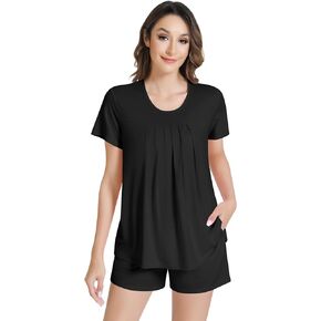 NACHILA Women's Pajamas-Viscose Made from Bamboo, Short Sleeve Sleepwear Cool Pajama Shorts Set Soft Pleated Crew Neck Pjs