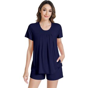NACHILA Women's Pajamas-Viscose Made from Bamboo, Short Sleeve Sleepwear Cool Pajama Shorts Set Soft Pleated Crew Neck Pjs