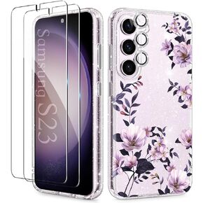 KIOMY Glitter Clear Case for Samsung Galaxy S23 5G with Diamond Sparkle Camera Lens Protector and 2 Packs Tempered Glass Screen Protector, Sparkly Shockproof Protective Girls Cover (for Samsung S23)