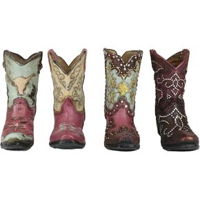 Ebros Gift Pack of 4 Rustic Western Cowboy Cowgirl Texas Longhorn Cow Silver Studs in Faux Tooled Leather Finish Boots Stationery Pen Pencil Make Up Tools Organizer Holder Figurines in Kuwait