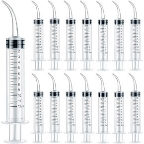 TIHOOD 15PCS 12ml/cc Plastic Syringes with Curved Tip, Disposable Irrigation Syringe Mouthwash Cleaner for Oral Care, Animal Feeding, with Measurement