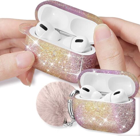 Airpods Pro Case, DMMG Airpods Case Cover Silicone Skin, AirPods Protective Cute Bling Glitter Case with Fluff Ball Keychain, Scratch Proof and Drop Proof for Apple Airpods Pro(Black) in Saudi Arabia