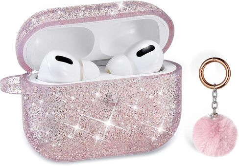 Airpods Pro Case, DMMG Airpods Case Cover Silicone Skin, AirPods Protective Cute Bling Glitter Case with Fluff Ball Keychain, Scratch Proof and Drop Proof for Apple Airpods Pro(Black) in Saudi Arabia