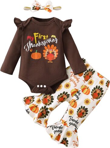 Shalofer Baby Girl Thanksgiving Outfit My First Thanksgiving Bodysuit Thanksgiving Turkey Flared Pants Clothes Set in Saudi Arabia
